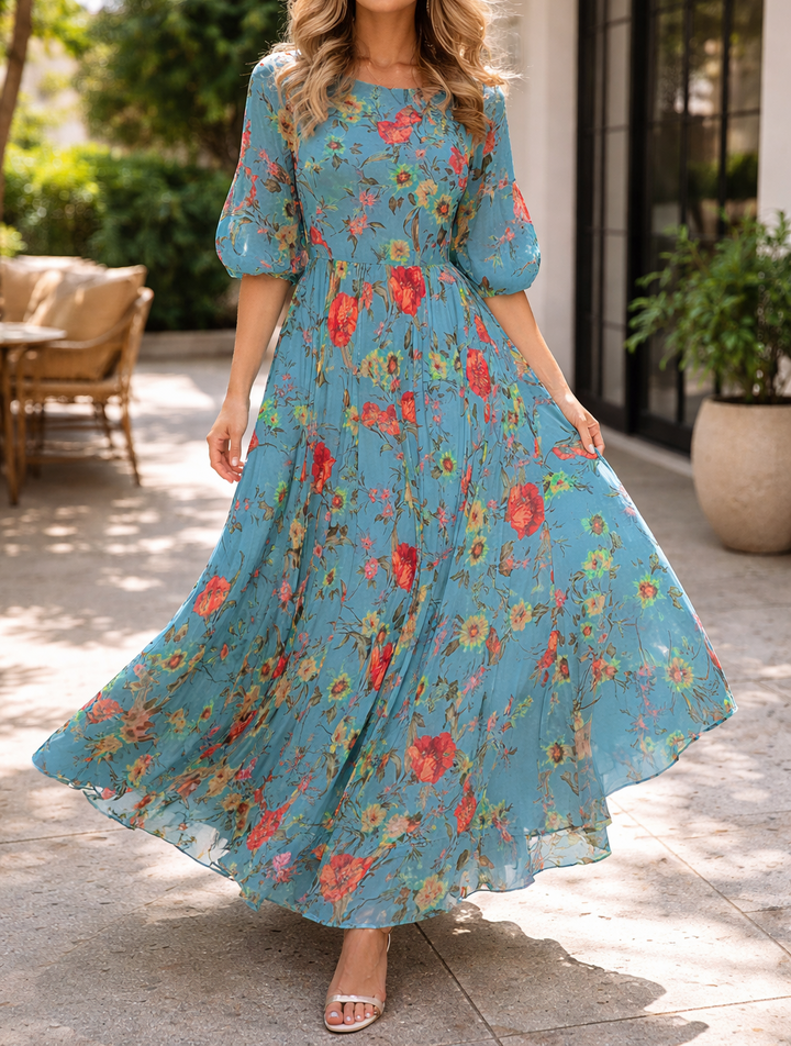 Xenia — Puff-Sleeve A-Line Maxi Dress