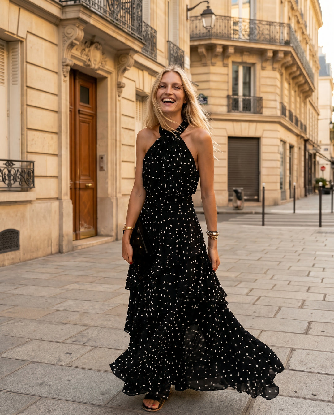 Marguerite — Polka-Dot Halter Backless Maxi