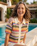 Coralie — Collared Crochet Top in Colourful Stripe
