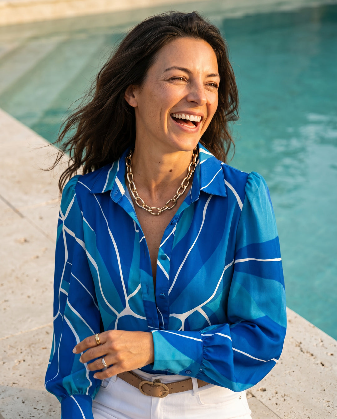Margot — Printed Puff-Sleeve Button-Down Blouse