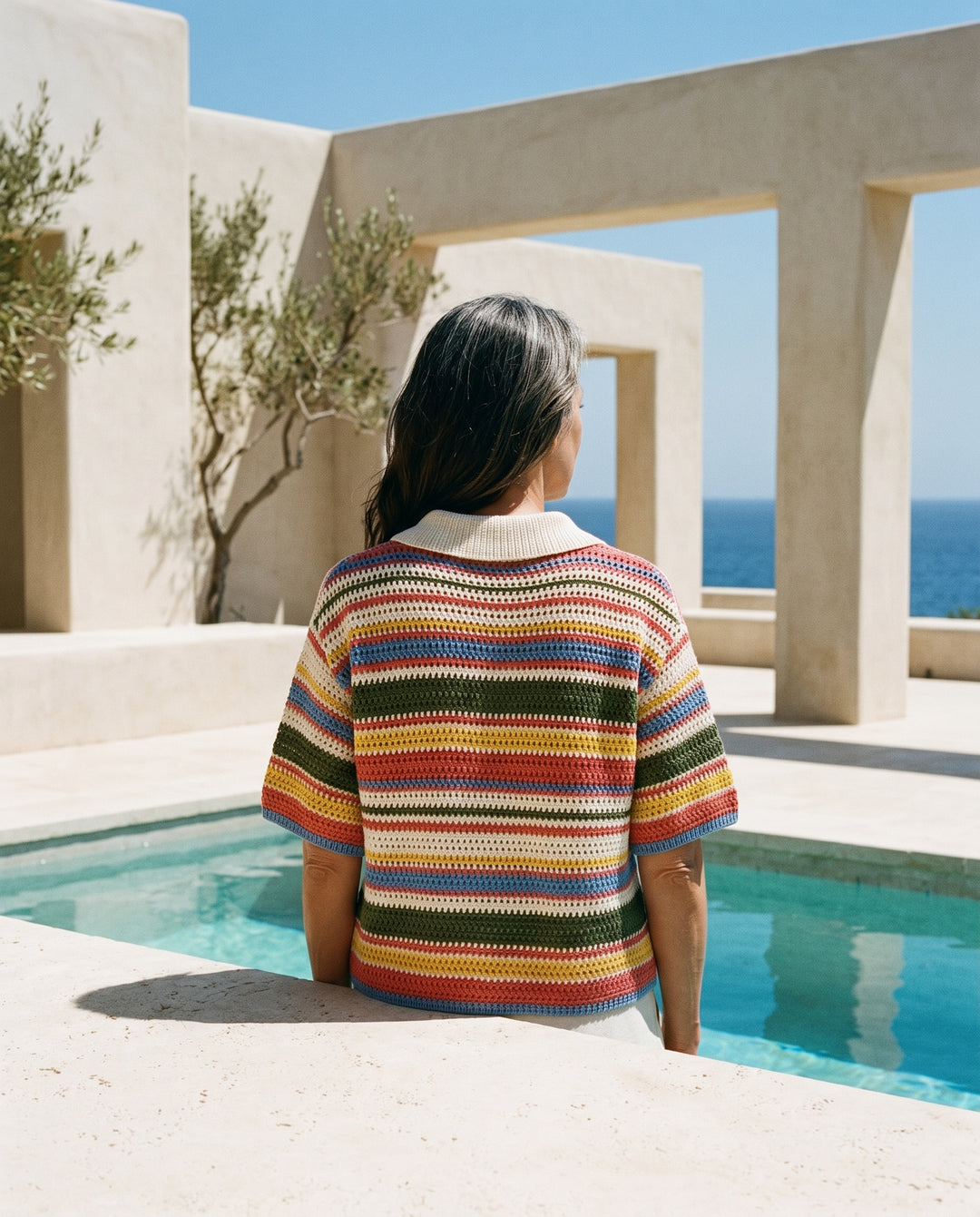 Coralie — Collared Crochet Top in Colourful Stripe