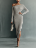Carys — Women's Ribbed Knit Off-Shoulder Maxi Dress