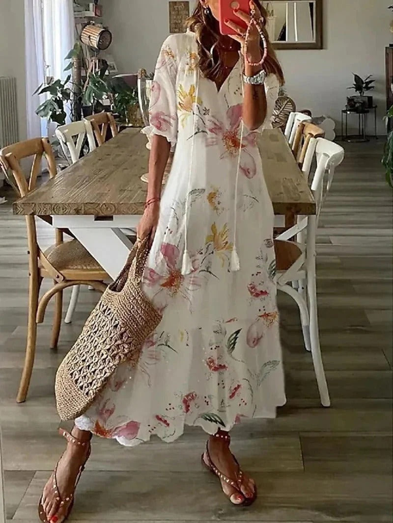 Eartha — Bohemian Leaf &amp; Stripe Maxi Dress