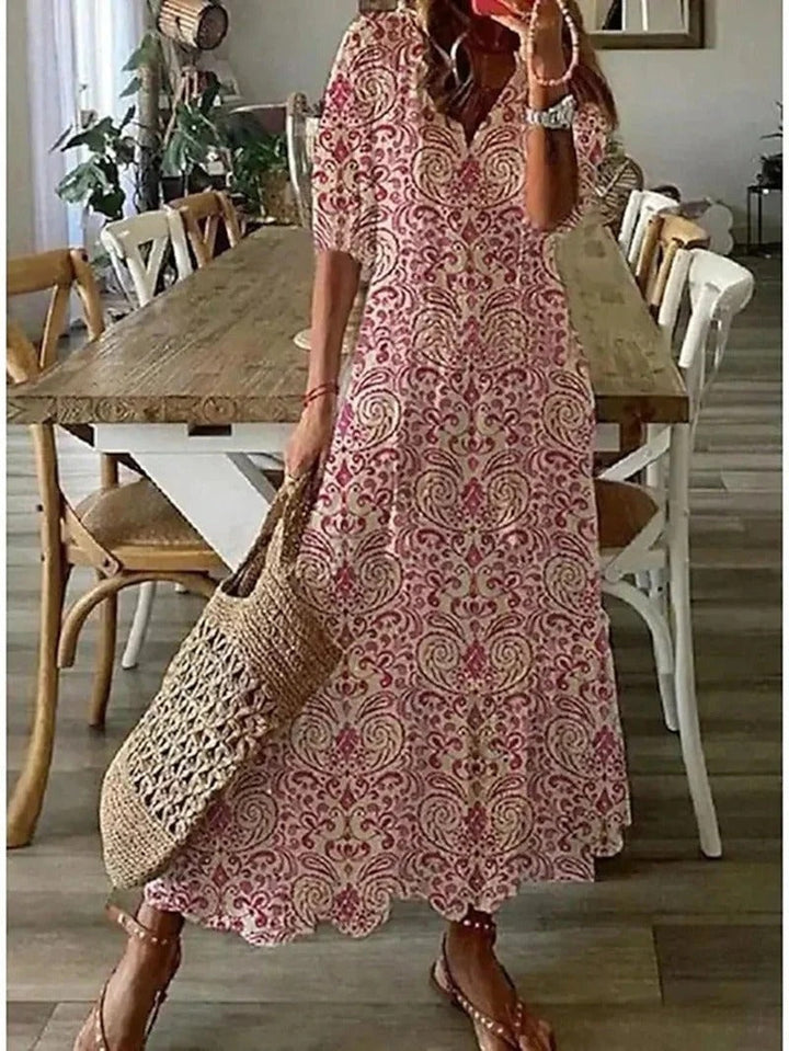 Eartha — Bohemian Leaf &amp; Stripe Maxi Dress