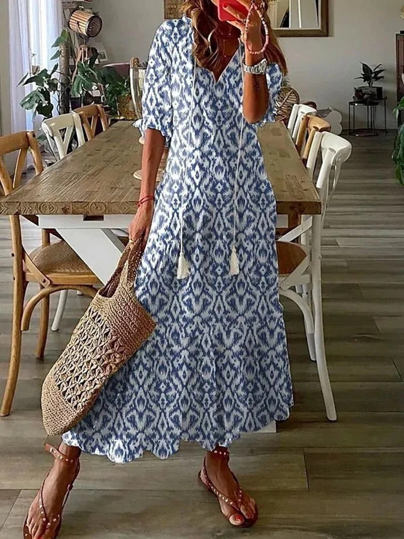 Eartha — Bohemian Leaf &amp; Stripe Maxi Dress