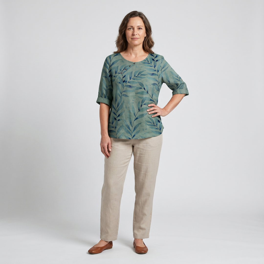 Liesel — Leaf Print Asymmetric Button Blouse