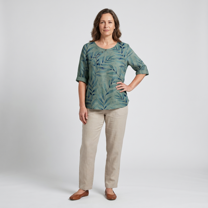 Liesel — Leaf Print Asymmetric Button Blouse