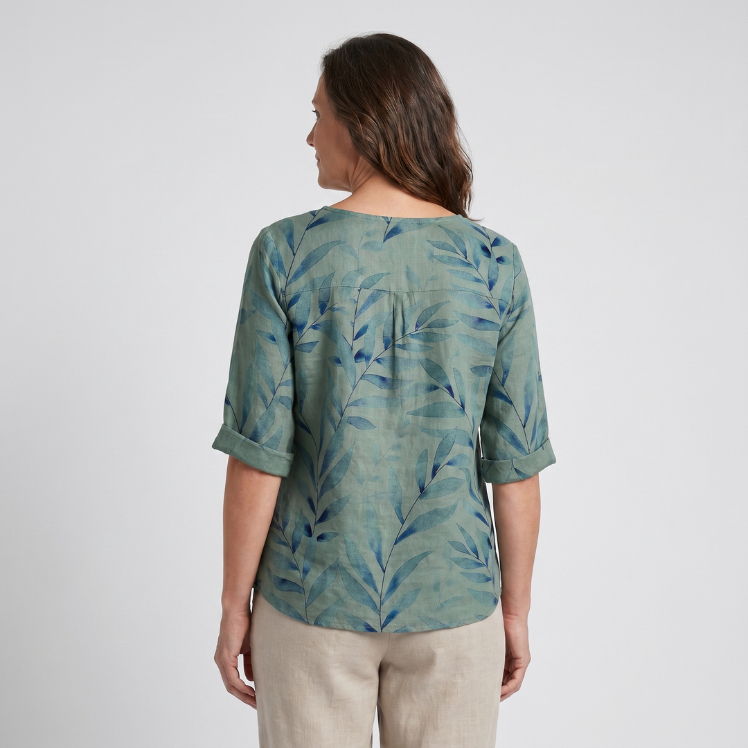 Liesel — Leaf Print Asymmetric Button Blouse