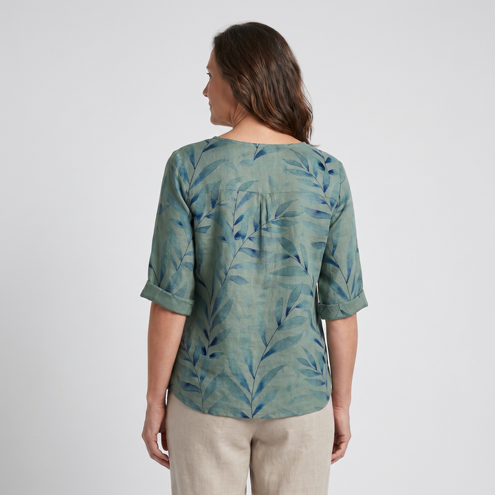 Liesel — Leaf Print Asymmetric Button Blouse