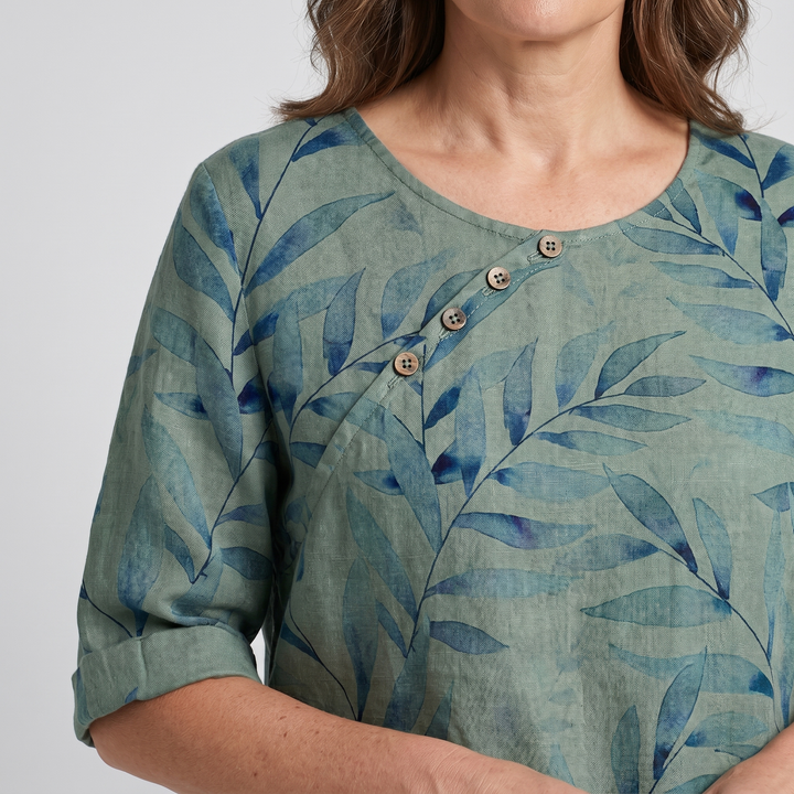 Liesel — Leaf Print Asymmetric Button Blouse