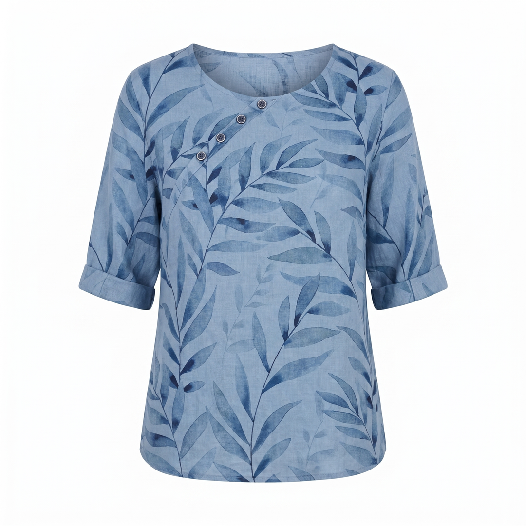 Liesel — Leaf Print Asymmetric Button Blouse
