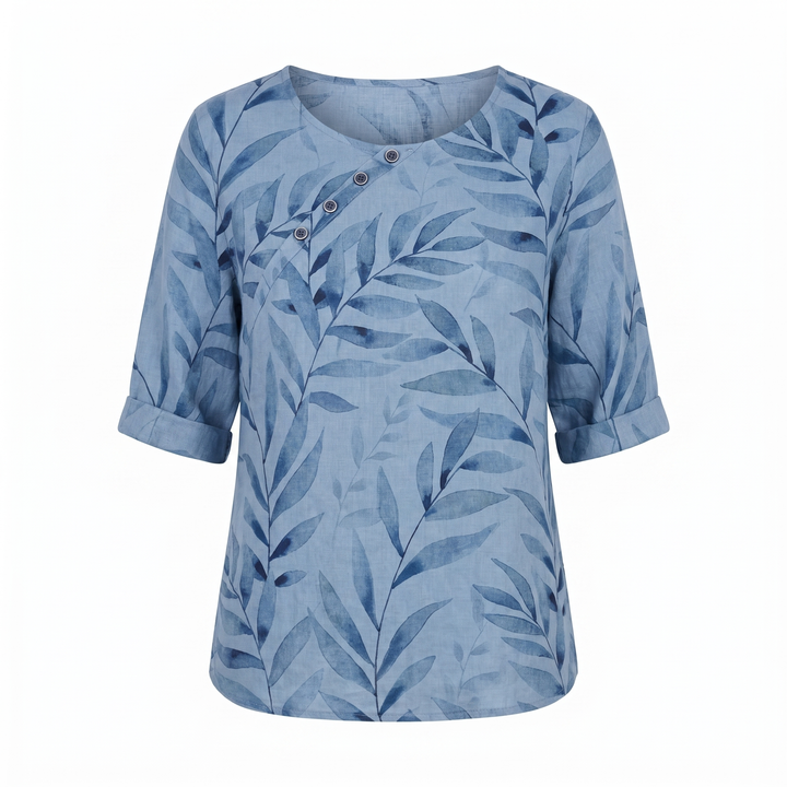 Liesel — Leaf Print Asymmetric Button Blouse