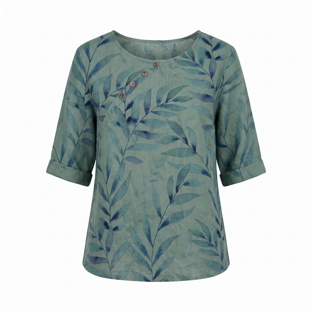 Liesel — Leaf Print Asymmetric Button Blouse