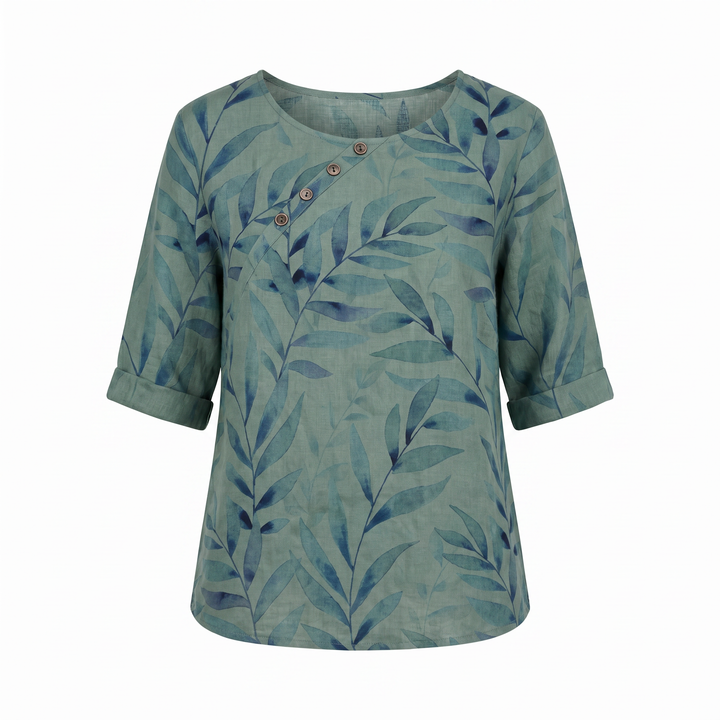 Liesel — Leaf Print Asymmetric Button Blouse