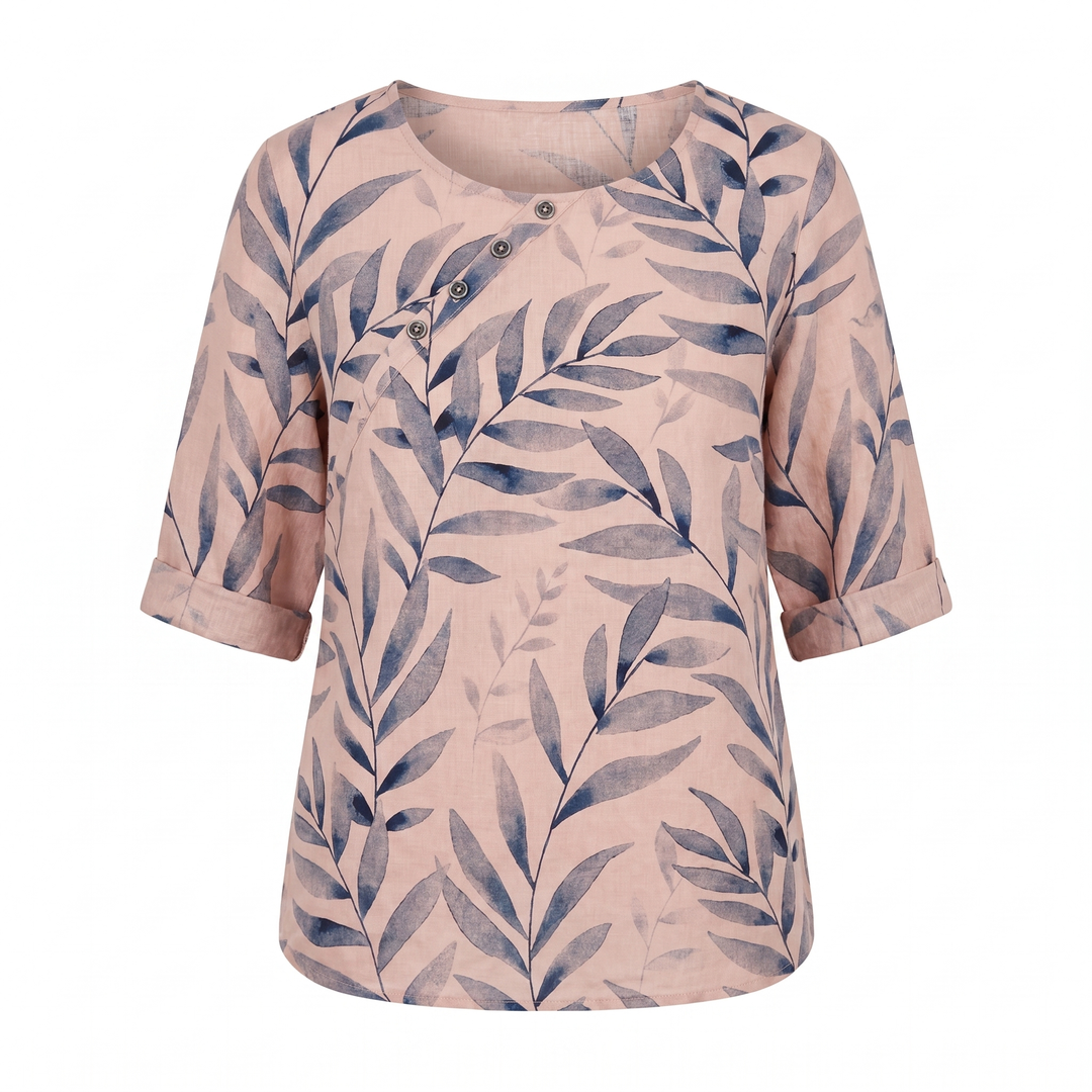 Liesel — Leaf Print Asymmetric Button Blouse