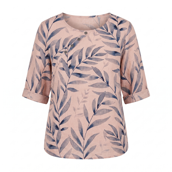 Liesel — Leaf Print Asymmetric Button Blouse