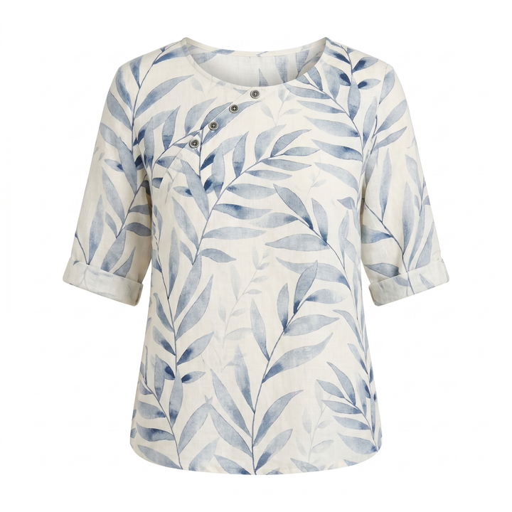 Liesel — Leaf Print Asymmetric Button Blouse