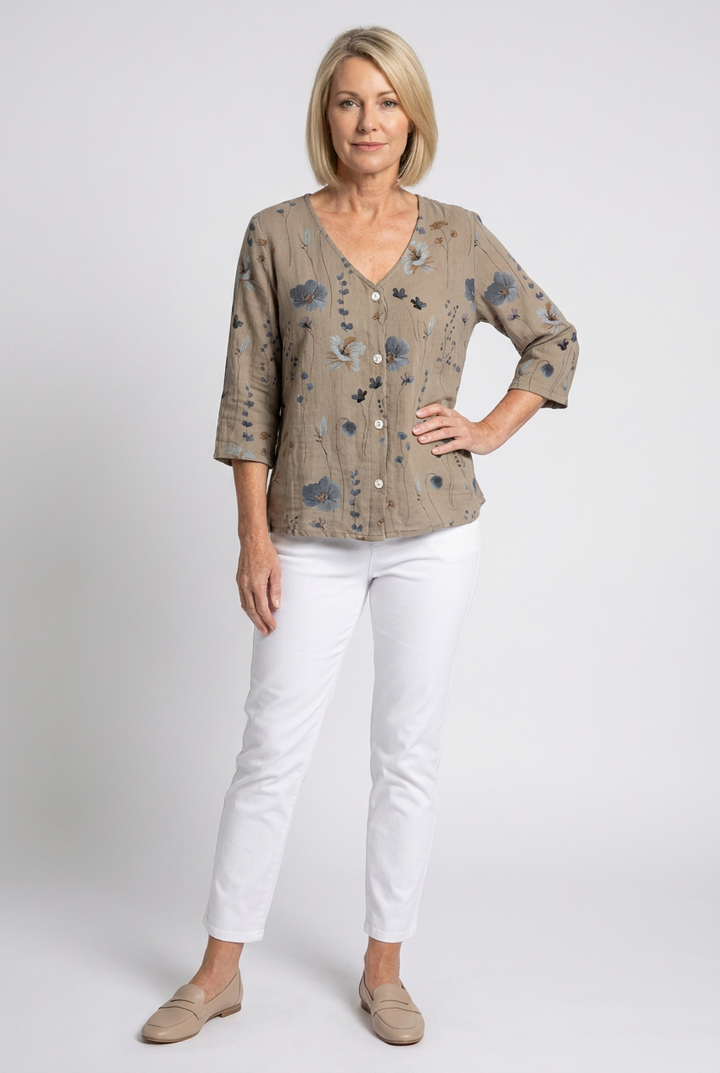 Marlene — Floral V-Neck 3/4-Sleeve Blouse