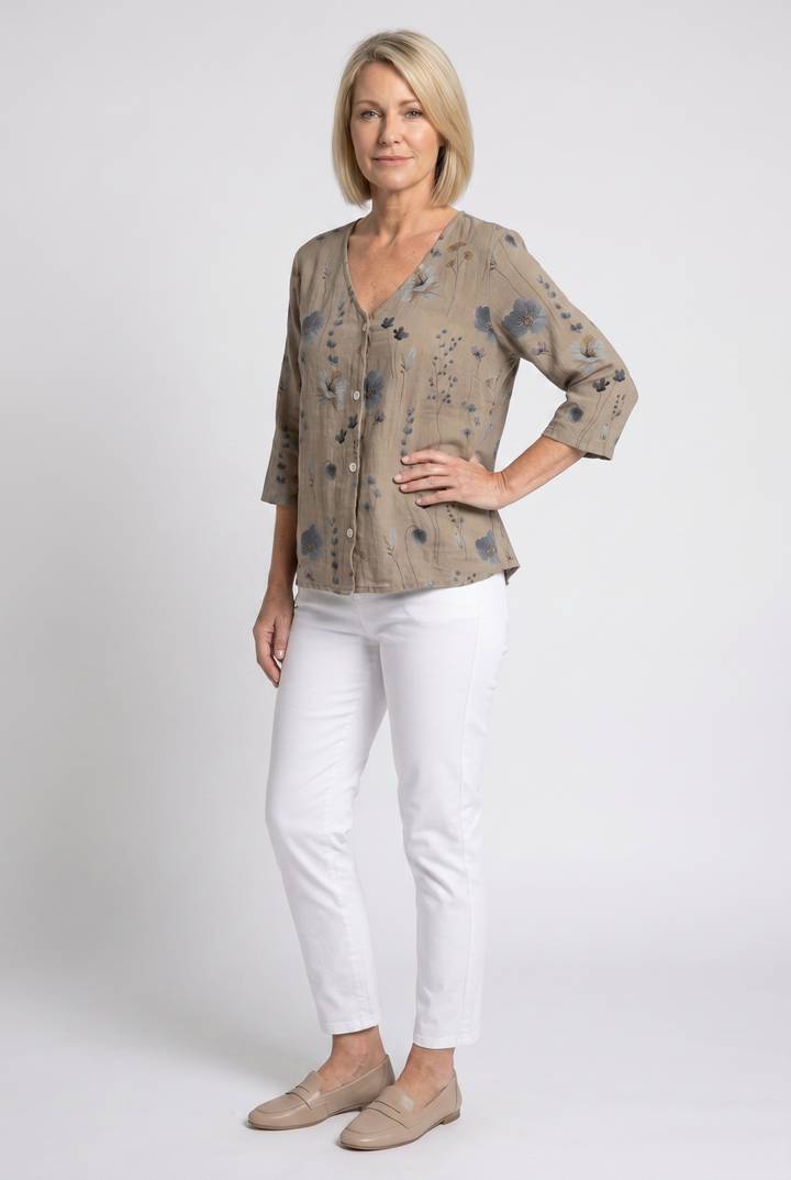 Marlene — Floral V-Neck 3/4-Sleeve Blouse