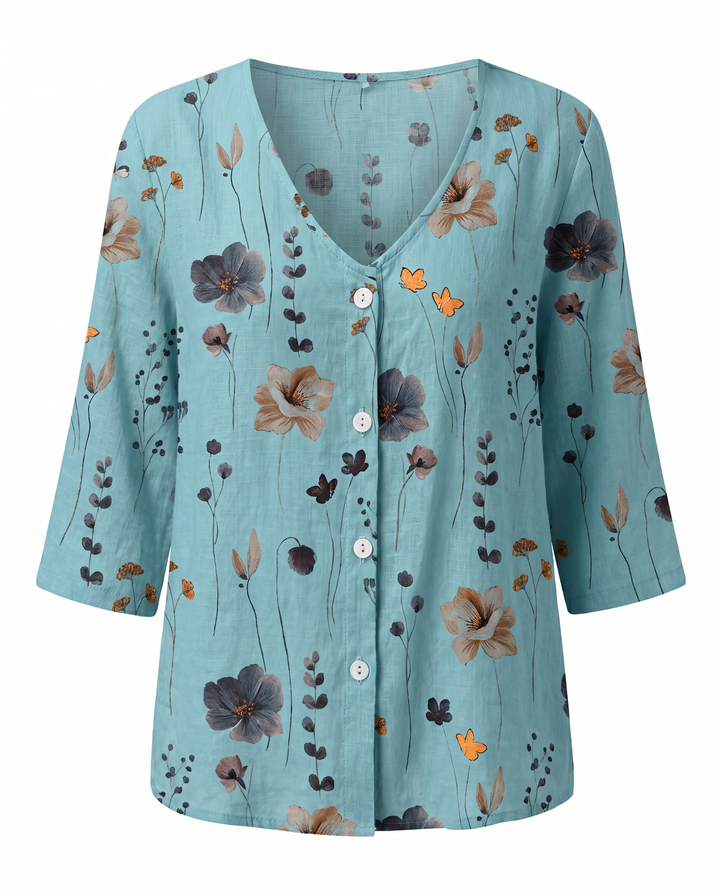 Marlene — Floral V-Neck 3/4-Sleeve Blouse