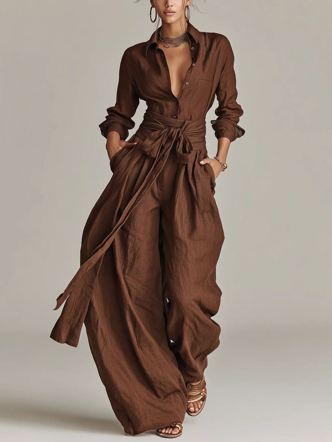 Bess — Belted Long-Sleeve Jumpsuit
