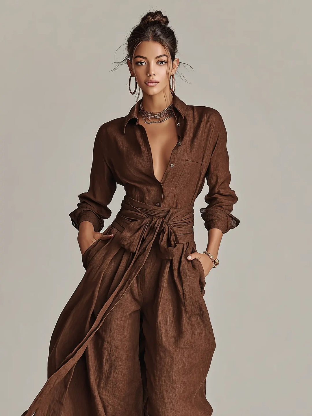 Bess — Belted Long-Sleeve Jumpsuit
