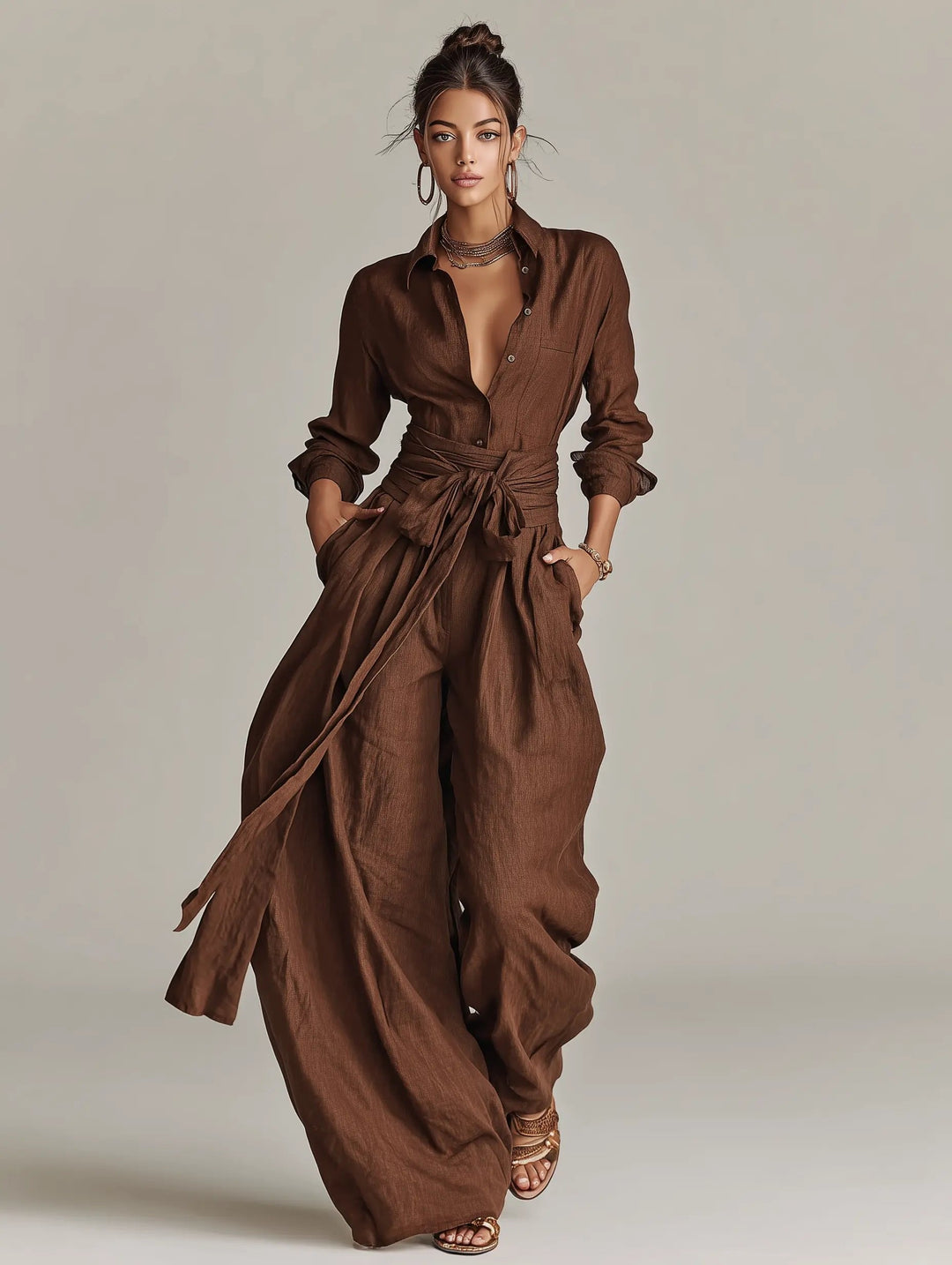 Bess — Belted Long-Sleeve Jumpsuit