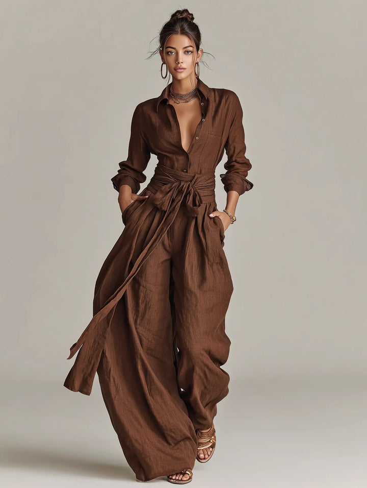Bess — Belted Long-Sleeve Jumpsuit