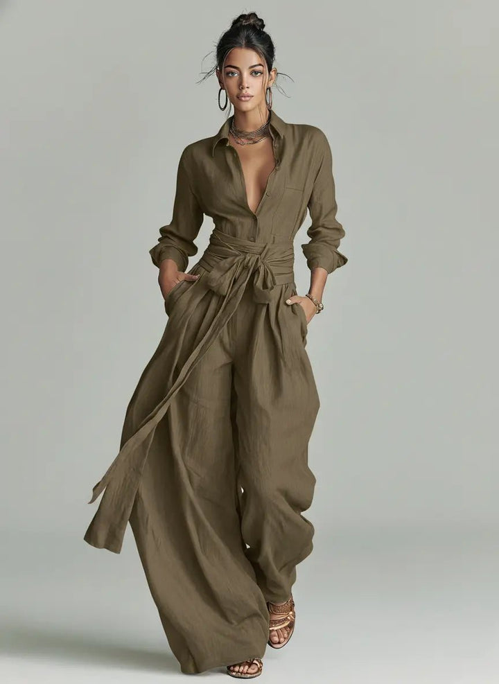 Bess — Belted Long-Sleeve Jumpsuit