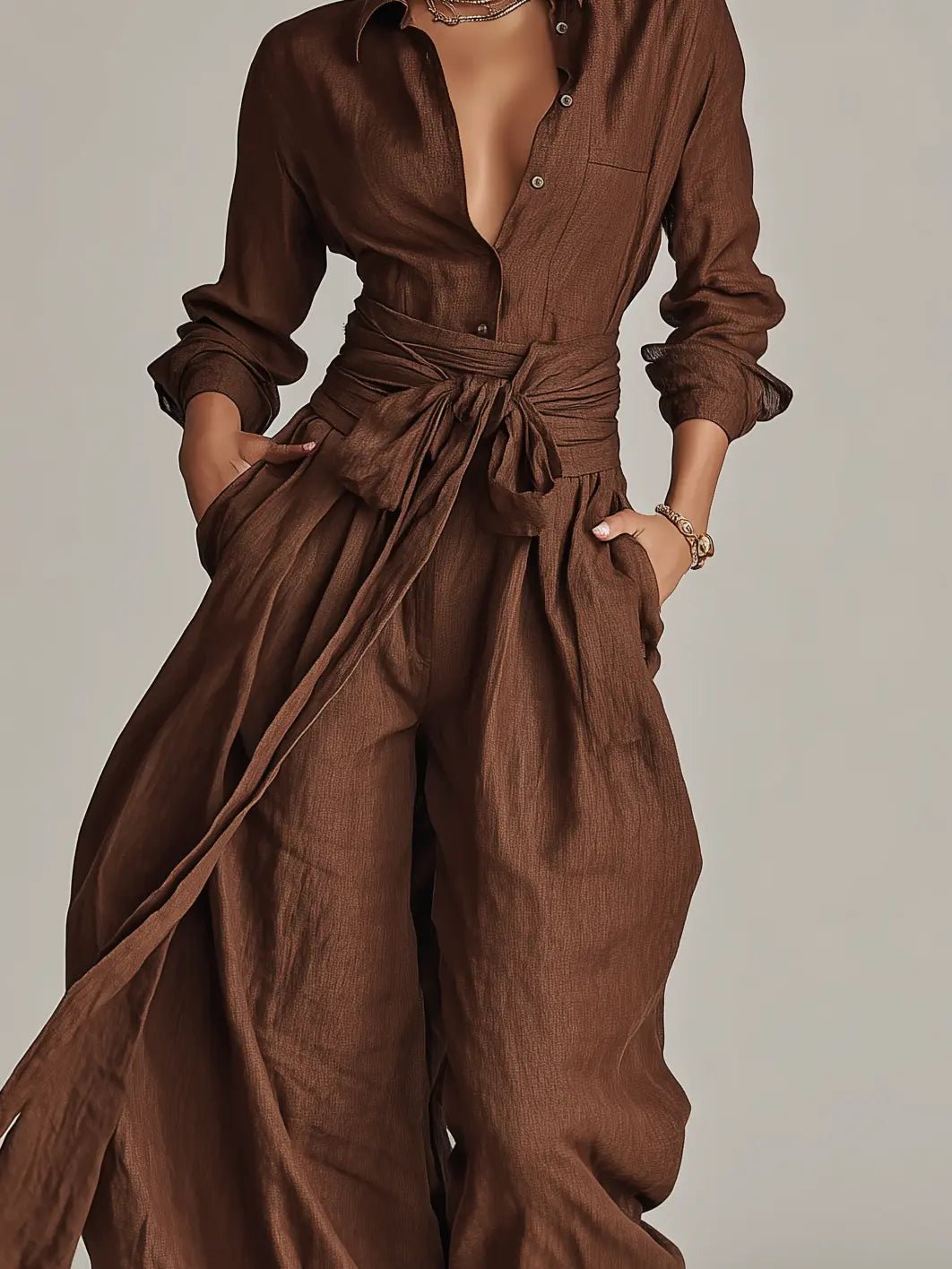 Bess — Belted Long-Sleeve Jumpsuit