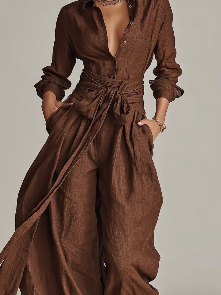 Bess — Belted Long-Sleeve Jumpsuit