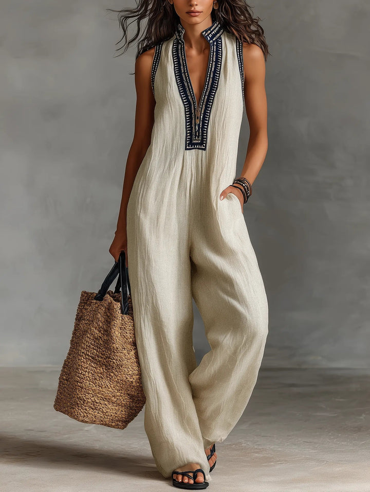 Adaline — Embroidered Linen Wide-Leg Jumpsuit