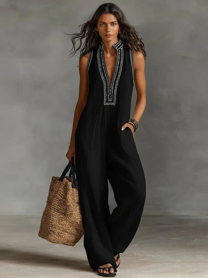 Adaline — Embroidered Linen Wide-Leg Jumpsuit