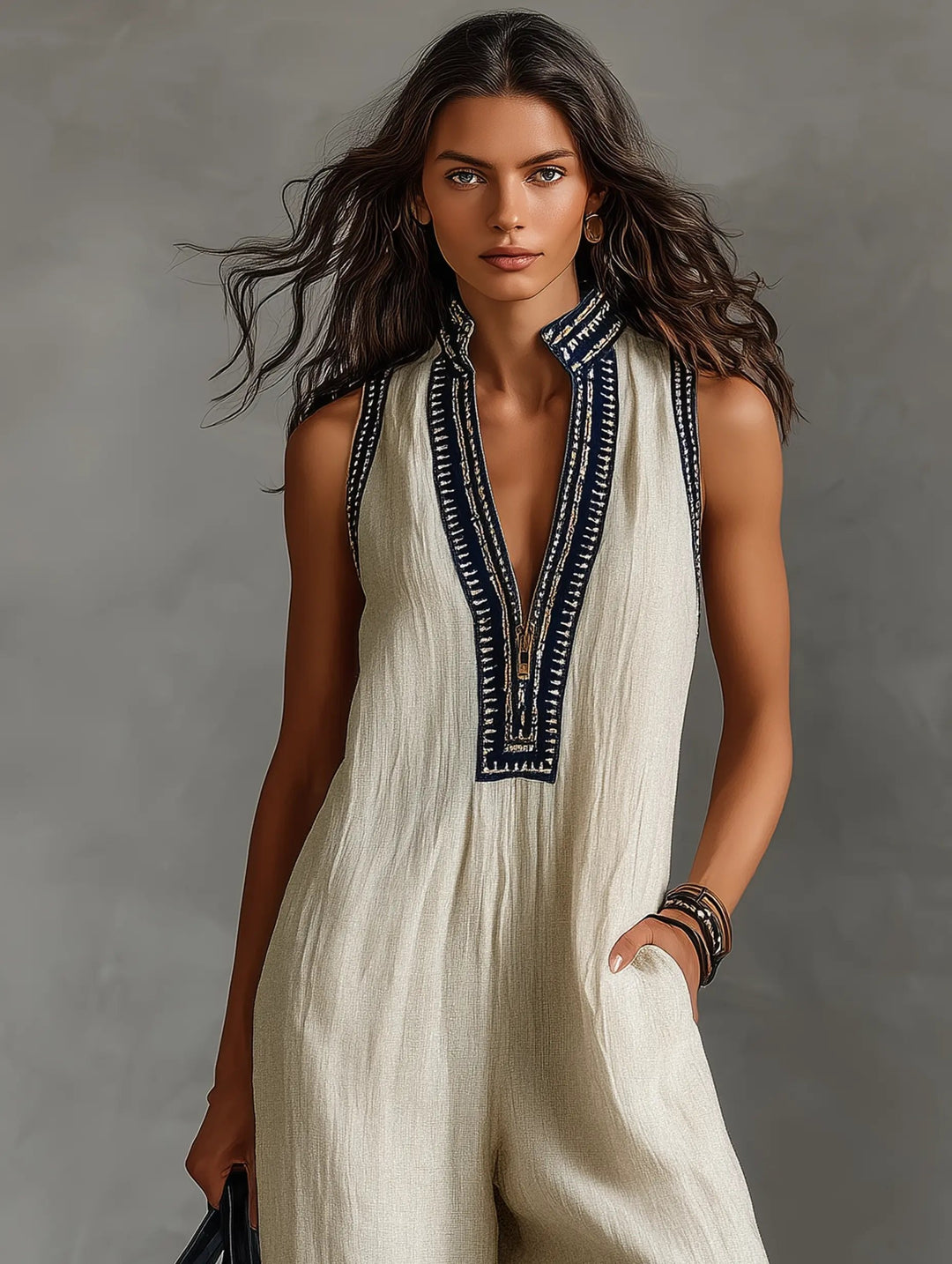 Adaline — Embroidered Linen Wide-Leg Jumpsuit