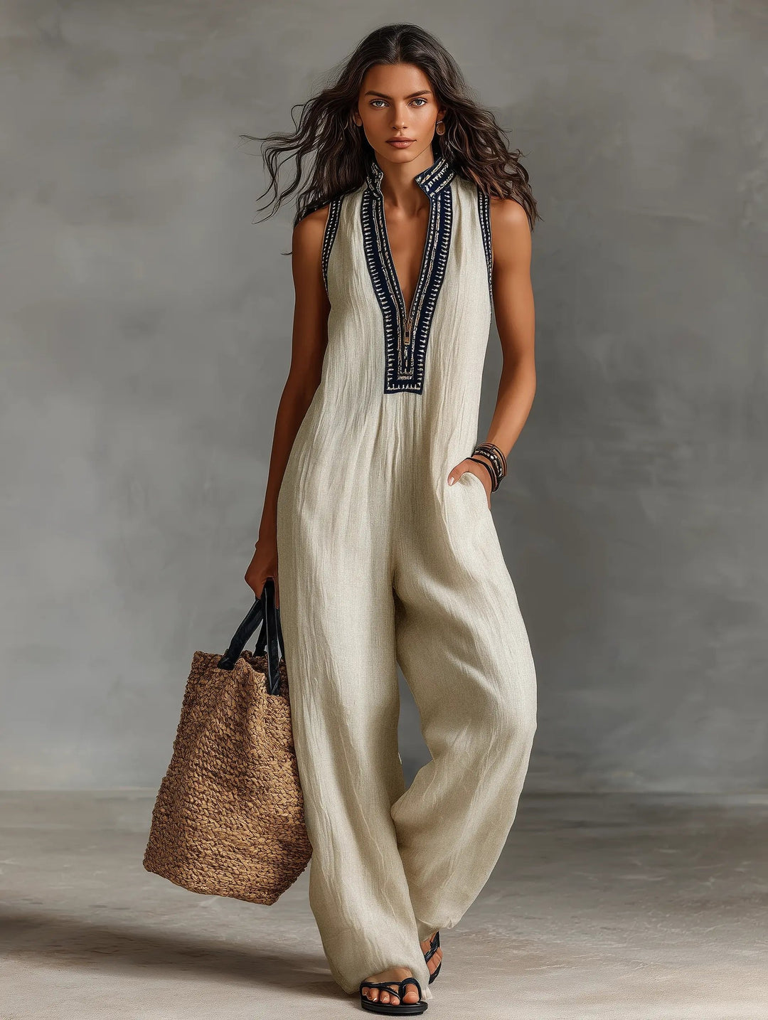 Adaline — Embroidered Linen Wide-Leg Jumpsuit