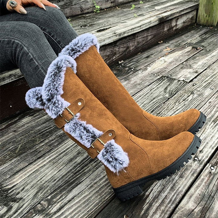 Scarlett — Women’s Faux Suede Fur-Trim Buckle Knee-High Boots