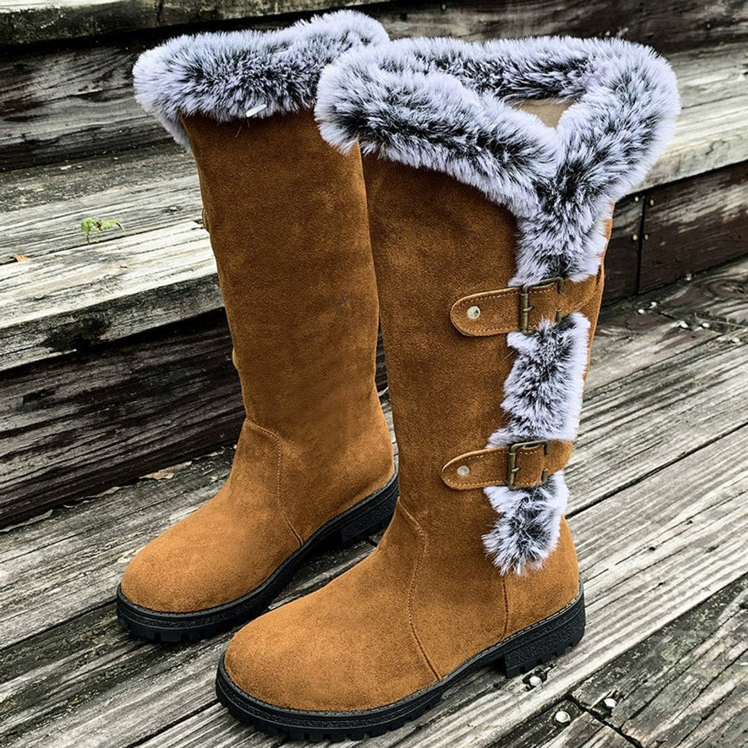 Scarlett — Women’s Faux Suede Fur-Trim Buckle Knee-High Boots