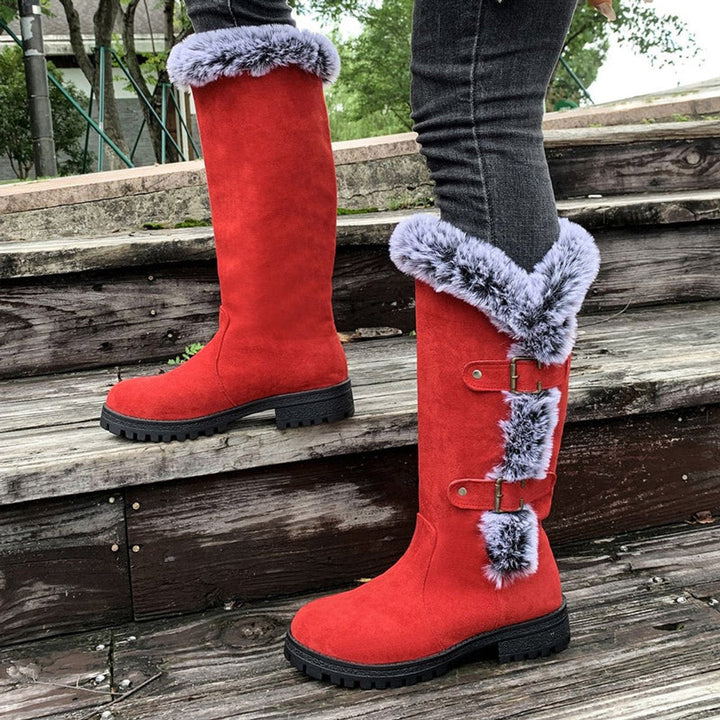 Scarlett — Women’s Faux Suede Fur-Trim Buckle Knee-High Boots