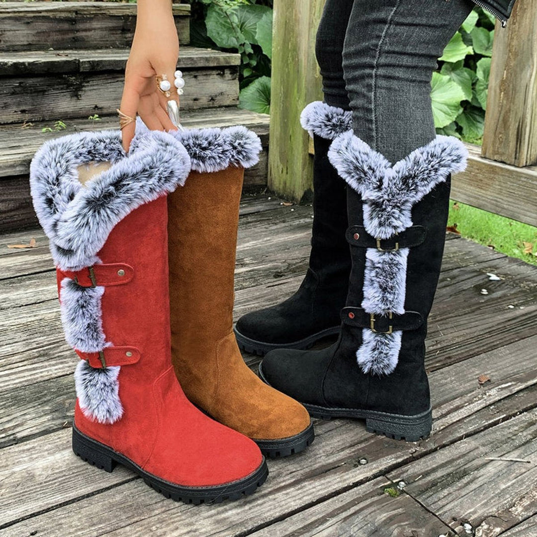 Scarlett — Women’s Faux Suede Fur-Trim Buckle Knee-High Boots