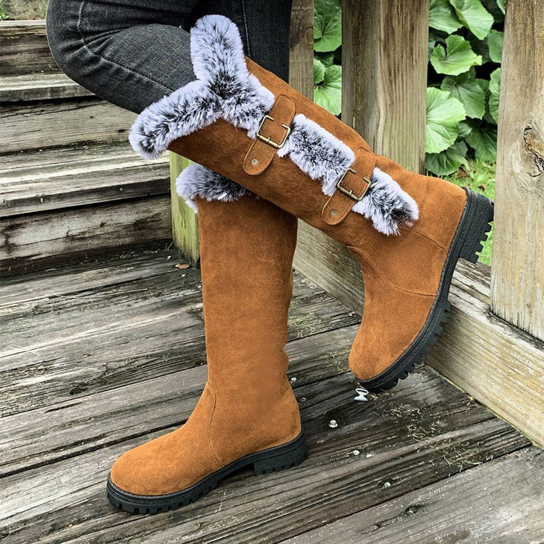 Scarlett — Women’s Faux Suede Fur-Trim Buckle Knee-High Boots