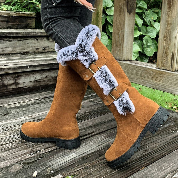 Scarlett — Women’s Faux Suede Fur-Trim Buckle Knee-High Boots