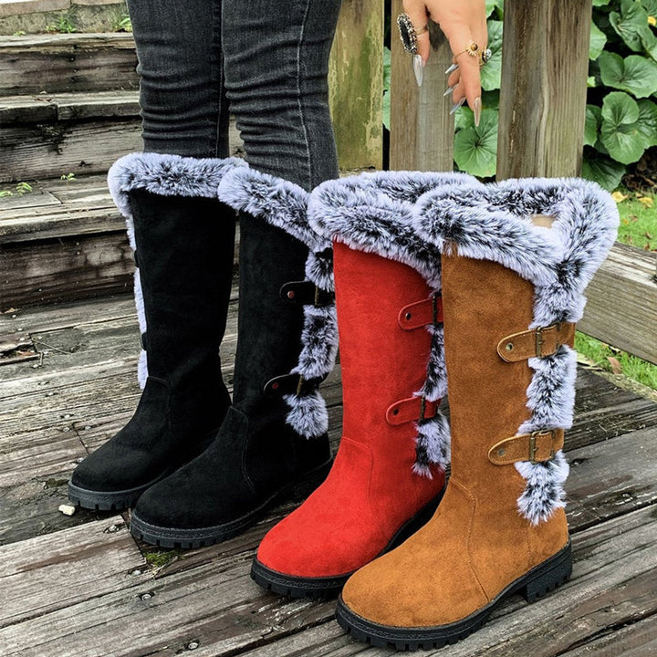Scarlett — Women’s Faux Suede Fur-Trim Buckle Knee-High Boots