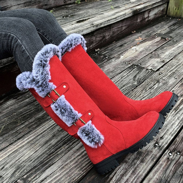 Scarlett — Women’s Faux Suede Fur-Trim Buckle Knee-High Boots