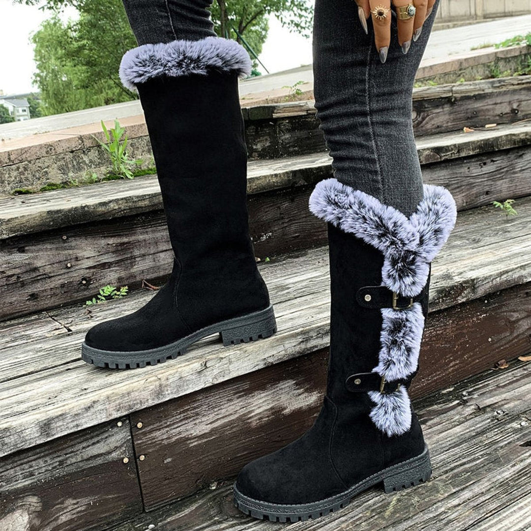 Scarlett — Women’s Faux Suede Fur-Trim Buckle Knee-High Boots