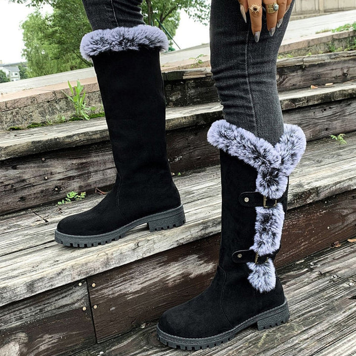 Scarlett — Women’s Faux Suede Fur-Trim Buckle Knee-High Boots