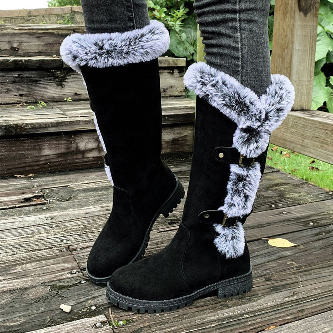 Scarlett — Women’s Faux Suede Fur-Trim Buckle Knee-High Boots