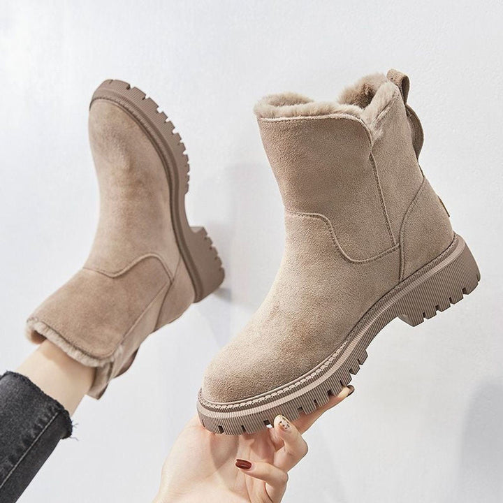 Grace — Women’s Fleece-Lined Suede Slip-On Chunky Ankle Boots