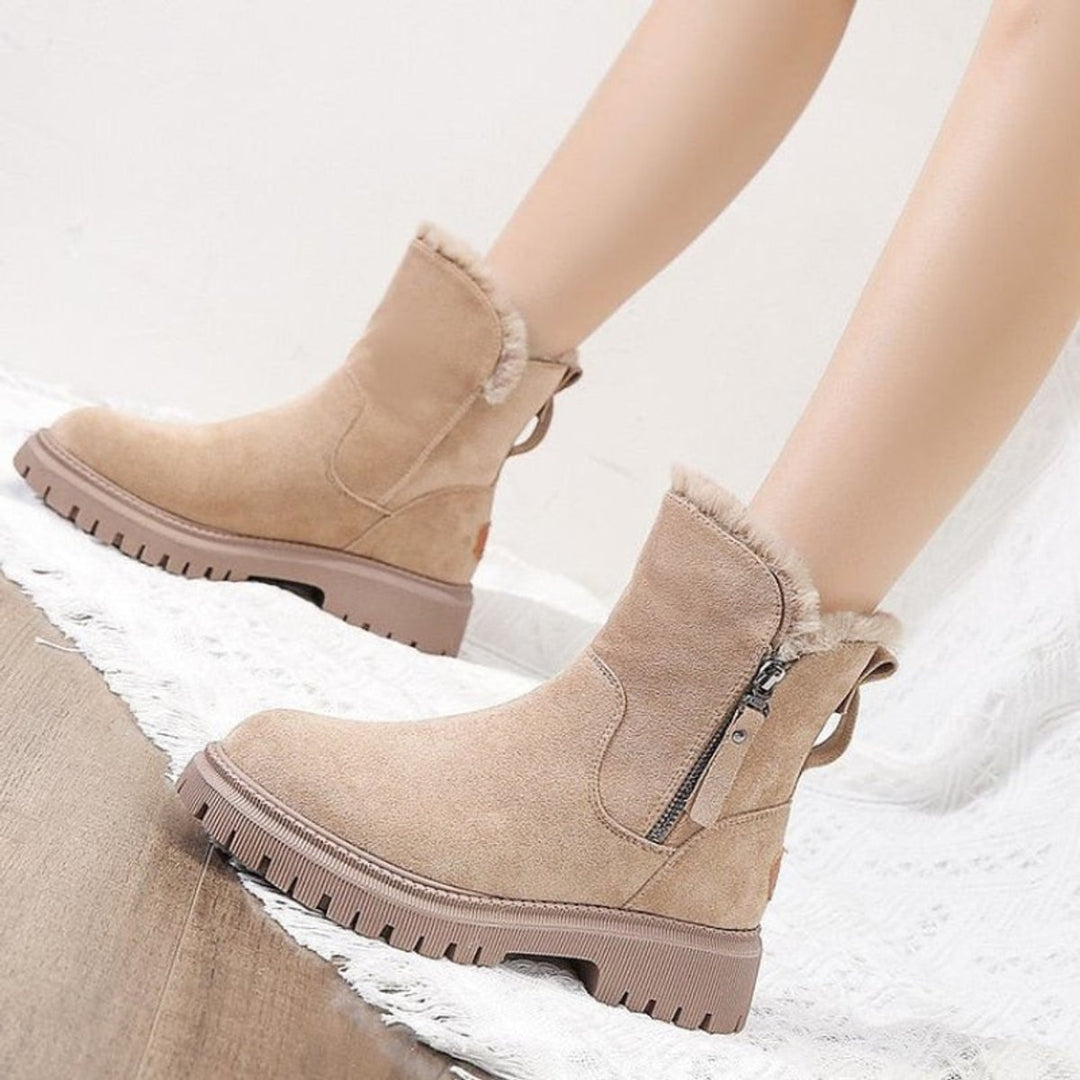 Grace — Women’s Fleece-Lined Suede Slip-On Chunky Ankle Boots