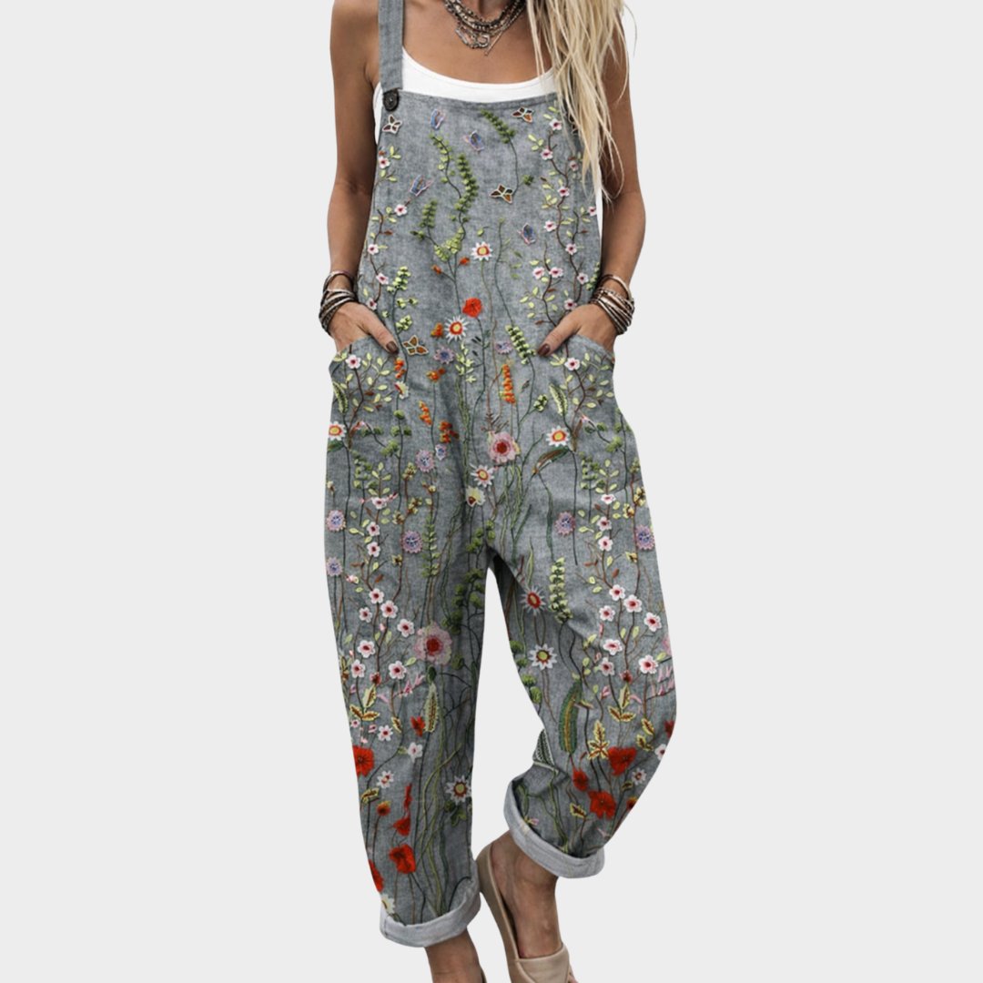 Guinevere — Floral Embroidered Linen Dungaree