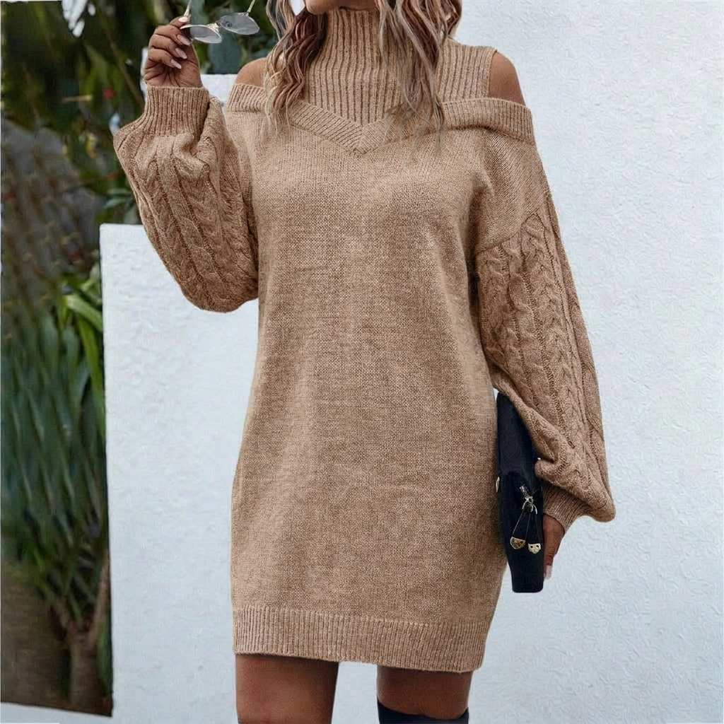 Doria — Women’s Roll-Neck Open-Knit Sleeve Midi Dress